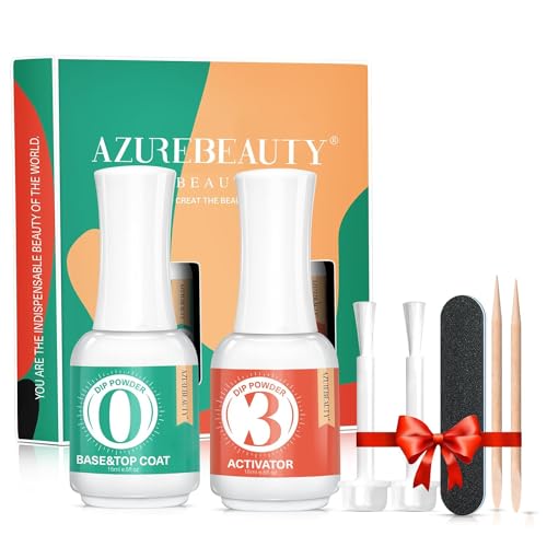 AZUREBEAUTY 2 Combined into1 Dip Powder Base & Top Coat with Activator, 0.5oz/Bottle, Fast Drying, No Lamp Needed, for Nail Kit