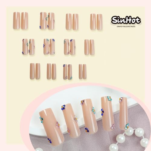 SINHOT Square Press on Nails Long - Colorful Rhinestones Flowers Fake Nails Glossy Glue on Nails Nude Natural Acrylic Nail Squoval Artificial Nail Stick on False Nail with Design 24pcs