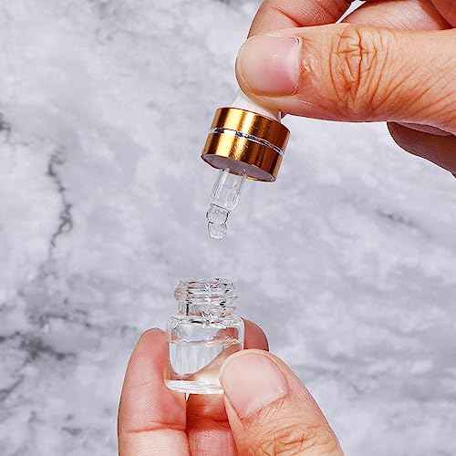 50 Pack 1ml Clear Glass Dropper Bottles with 2 Pcs Plastic Droppers, Mini Sample Dropper Bottles for Essential Oils Perfume Cosmetic Liquid, Empty Travel Sample Vials with Gold Cap
