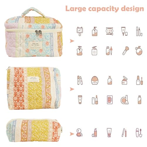 Generic Quilted Makeup Bag Set, Cute Cotton Floral Cosmetic Bags, 3 in 1 Set, Travel Toiletry Organizer