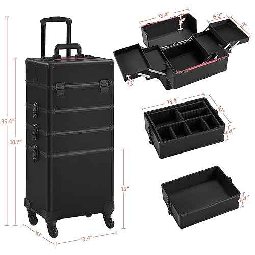Yaheetech 4 in 1 Professional Makeup Train Case Aluminum Cosmetic Case Rolling Makeup Case Extra Large Trolley Makeup Travel Organizer, with 360¡Æ Swivel Wheels, Black