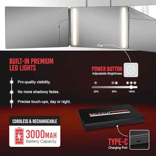 Self-Cut System 3 Way Mirror with LED Lights ? Trifold Self Cut Barber Mirror for Men and Women, 360 View for Easy Haircuts, Travel Friendly - Three Way Design for Grooming and Styling