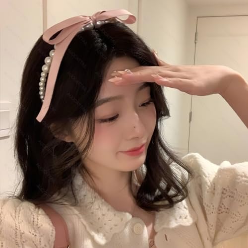 AUOCATTAIL 2 Pcs Pearl Bows Streamer Headbands French Retro Temperament Gentle Pink Bow Ribbon Hair Hoop Hair Accessories Headdress for Women Girls