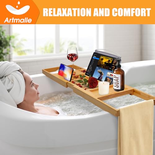 Artmalle Luxury Bathtub Caddy Tray for Tub - Foldable Bamboo Bath Table Tray with Book and Wine Glass Holder, Expandable Bathroom Accessories for Spa or Reading Lite Style