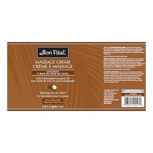 Bon Vital' Coconut Massage Creme with 100% Pure Fractionated Coconut Oil, Massage Cream & Moisturizer to Repair Dry Skin, No Greasy Feel, Professional Massage Anti-Aging Cream, 1 Gal, Label may Vary