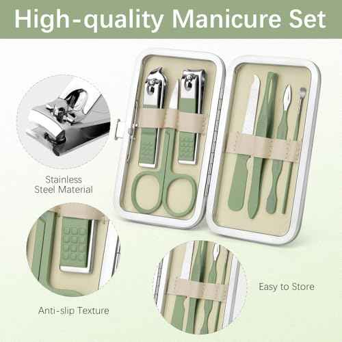 Green Manicure Set, Nail Clipper Set 7 in 1 Manicure Kit Stainless Steel Nail Clipper Kit Pedicure Kit Portable Nail Grooming Kit Fingernail Toenail Clippers for Men Husband Boyfriend Women