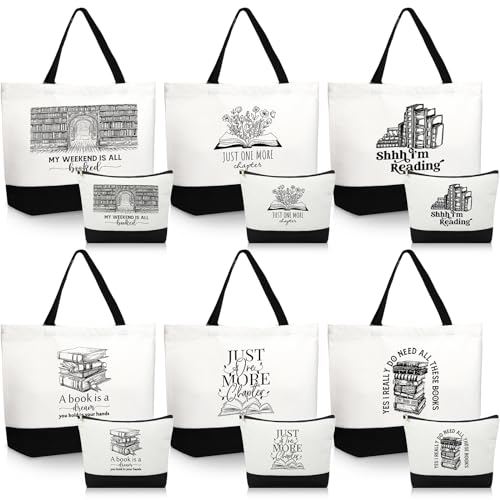 12 Pcs Book Club Gifts Book Tote Bag for Book Lovers Reading Quote Tote Bag Makeup Bag Reusable Cosmetic Bag with Metal Zipper Bookish Librarian Gifts for Women