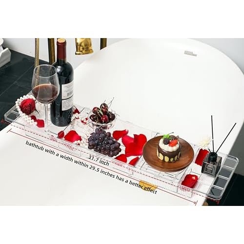 IEEK Expandable Bath Tray with Wine and Book Holder - Clear Acrylic Bathtub Caddy Shelf - Plastic Board Gift for Women