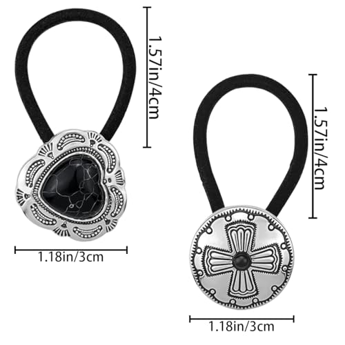 6 PCS Metal Western Style Ponytail Holders Boho Hair Ties Vintage Turquoise Hair Ropes Cross Circular Hair Ropes Heart Hair Ropes Style Ponytail Holders Silver Hair Bands for Women Girls
