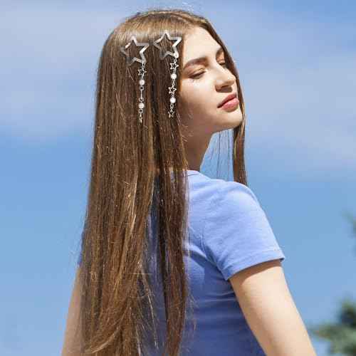 2pcs Star Pearl Snap Hair Clips, y2k Silver Hair Barrettes Cute Tassel Metal Hair Pins Wedding Prom Hair Styling Accessories for Women Girls Gift