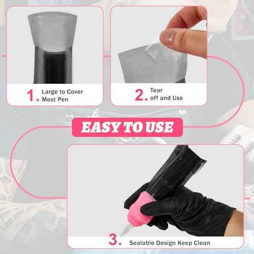 200Pcs Black Tattoo Machine Covers & 4 Pink Grip Tape, 7.2 X 2.5 Inch Disposable Professional Sealable Tattoo Pen Covers Supplies and Accessories
