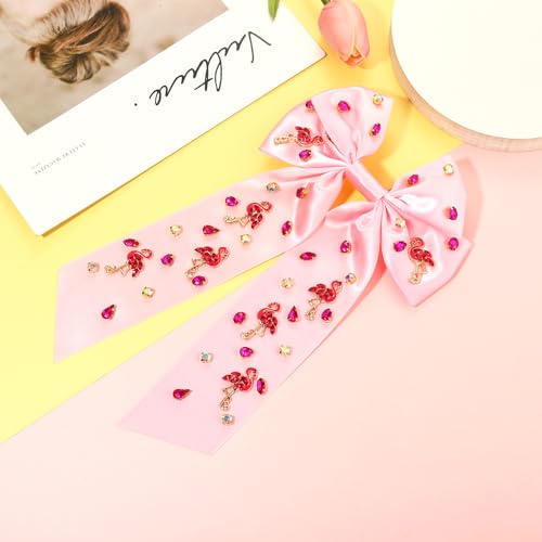 Flamingo Hair Bows for Women Tropical Flamingo Hair Clips Crystal Jeweled Big Pink Bows Satin Hair Ribbon Barrettes Boho Hawaiian Summer Beach Accessories Costume Outfits Party Favors (Pattern A1)