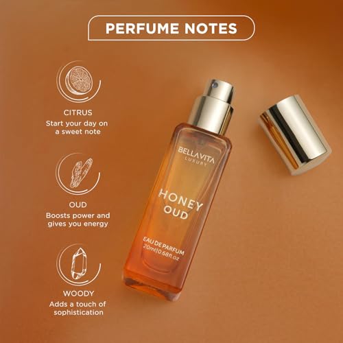 BellaVita Luxury Honey OUD Eau de Parfum Travel Size Edition 20 ml | Long-Lasting Mini Perfumes for Women | Notes: Patchouli, Vanilla, Bergamot & Spicy Notes | Pocket Perfume for Women | Vegan Perfume