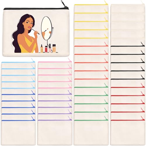 50Pcs Canvas Makeup Bags Bulk, 7.87 x 5.7 Inch Cotton Sublimation Blank DIY Heat Transfer Cosmetic Bag w/Colorful Zipper for Bridesmaid Makeup Bag Travel Toiletry Pouch Storage, Ivory, Halloween Craft