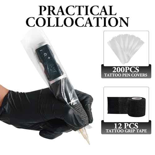 INKin Large Tattoo Machine Covers Black with Self Adhesive Tape, Tattoo Gun Wrap 200Pcs Tattoo Pen Covers with 12Pcs Rolls Tattoo Grip Tape Wrap Cover for Tattoo Supplies And Equipment