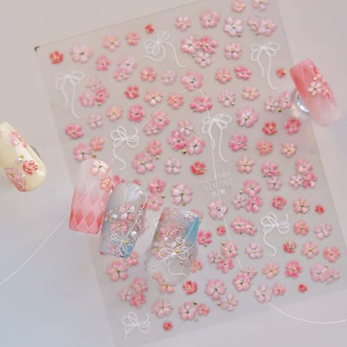 5D Embossed Pink Flower Nail Stickers Self-Adhesive Spring Summer Nail Art Stickers White Bow with Cherry Blossoms Gold Glitter Design Nail Art Supplies Floral Nail Decals for Women Acrylic Nails