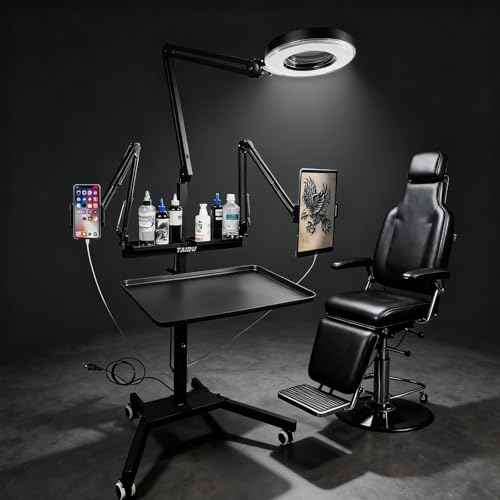 Tattoo Workstation Multi-Function Console, Tattoo lamp, Double Stand with lamp Tattoo Tray Trolley, Adjustable Height Magnetic Tray