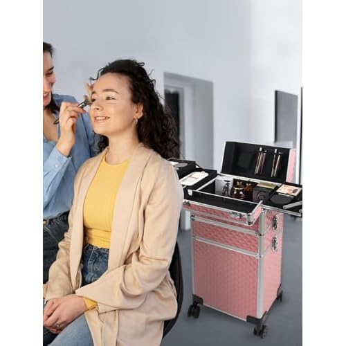 EBANKU Rolling Makeup Train Case Large Capacity Cosmetic Trolley, 3 in 1 Aluminum Professional Salon Travel Case with Key Swivel Wheels Traveling Cart Trunk for Hairstylists Nail Tech - Pink