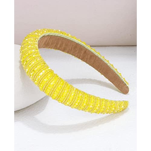 Wecoe Yellow Headband Fashion Rhinestone Padded Headband Women Cute Fancy Bling Diamond Sparkle Crystal Beaded Hairband Homecoming Prom Holiday Hair Accessories For Women Girls Birthday Gifts