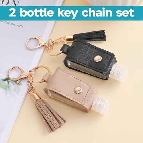 2 Pcs Portable Handwashing Fluid Holder Bottles with Keychain, Refillable Travel Size 1oz/30ml Squeeze Containers for Toiletry, Lotion, Liquid Soap, Shampoo (Black+Khaki)