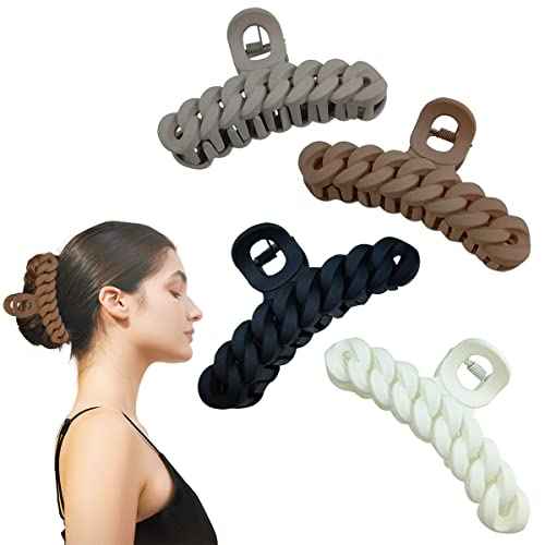4 PCS Braided Chain Design Hair Clips - Large 4.5" Matte Clips for Thick Hair, Strong Hold, Cute Big Clips for Women (Mocha/Neutral)