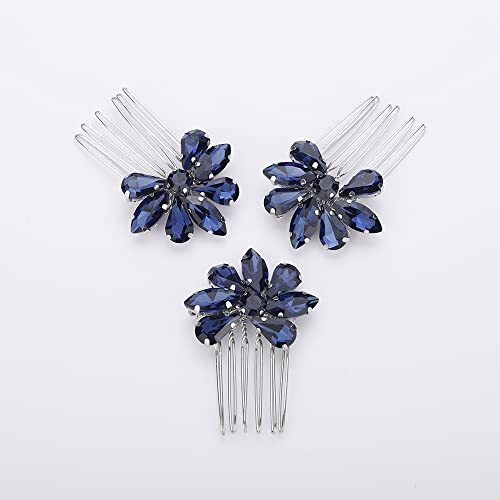 Teyglen Simple Rhinestones Crystal Bride Wedding Hair Comb Set Handmade Red Blue Black Crystal Side Hair Combs Bridal Hair Jewelry Set for Women Bride Girls (Dark Blue)