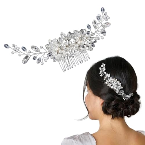 Bride Flower Pearl Wedding Hair Comb for Women and Girls,Floral Bridal Hair Piece Crystal Side Combs Wedding Party Hair Pin Accessories (Silver)