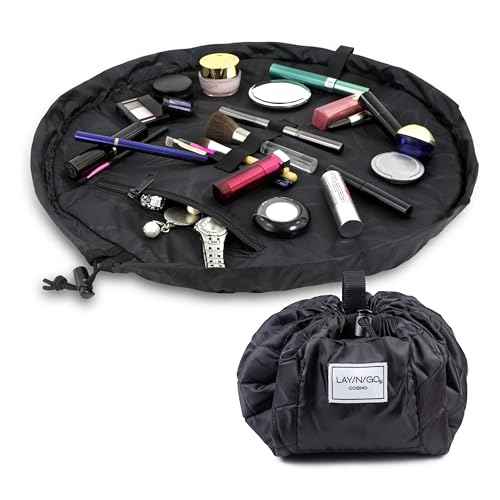 Lay-n-Go Cosmo Layflat Drawstring Cosmetic & Makeup Bag Organizer - Portable Drawstring Bag w/Zipper Pocket, Makeup Loops & More - Durable, Machine Washable Toiletry Bag for Travel (20", Black)