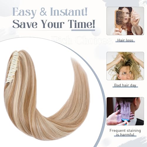 Rich Choices Claw Clip Ponytail Extension Human Hair Real Hair Ponytail Balayage Golden Brown Highlighted Bleach Blonde 16 Inch 105g One Piece Clip In Long Ponytail Hair Extension For Women #12P613