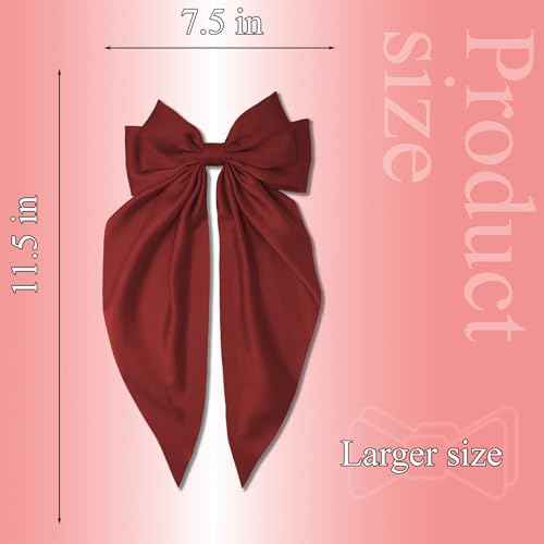 Hair Bows for Women, 2Pcs Burgundy Red Bow Hair Clips for Girls, Silky Satin Hair Bows Clips Long Tail, Large Hair Barrettes Cute Aesthetic Hair Accessories