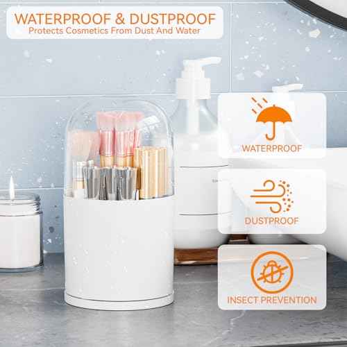 Yieach Rotating Acrylic Makeup Brush Holder with Lid for Vanity,Bathroom,Countertop,Covered Makeup Brushes Organizer,Round Spinning Cosmetic Brushes Holder and Make up Brush Storage with Cover,White