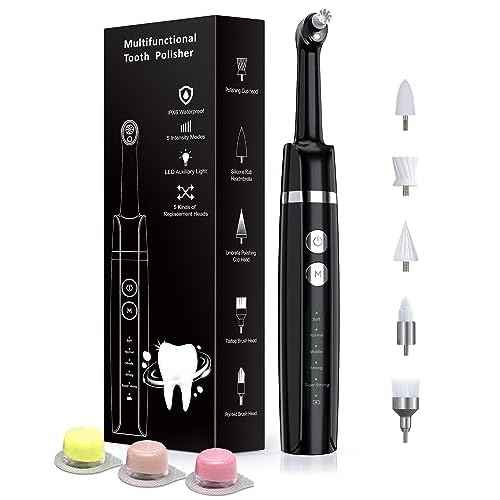Tooth Polisher, Rechargeable Tooth Whitening Kit for Teeth Cleaning and Whitening, with 3 Tooth Polish Paste and 5 Brush Heads, LED Light, Easy to Use at-Home Personal Dental Care Kit (Black)