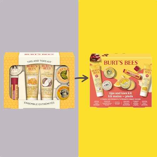 Burt's Bees Christmas Gifts - Tips and Toes Kit, 6 Travel Size Products for Stocking Stuffers - Pomegranate Moisturizing Lip Balm, 2 Hand Creams, Foot Cream, Cuticle Cream, and Hand Salve