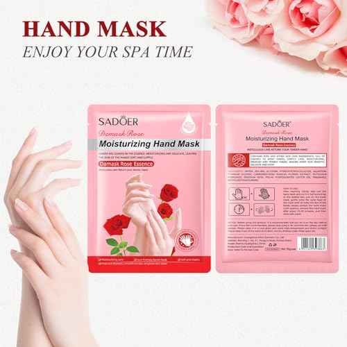5 Pairs Hands Moisturizing Gloves, Damask Rose Hand Mask, Hand Skin Repair Renew Mask Infused Collagen, Vitamins Natural Plant Extracts for Dry, Aging, Cracked Hands