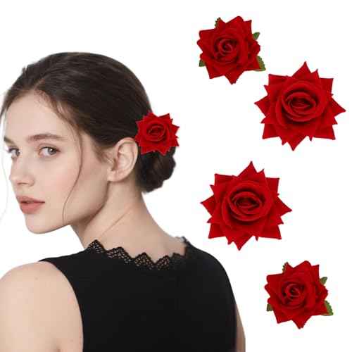 4 Pcs Red Rose Hair Clips Brooch Pins for Women Vintage Pin up Hair Accessories Red Fabric Flowers Headpiece (Small Medium) for Women Mexican Hair Ribbon
