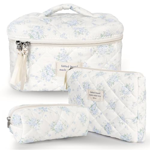 3Pcs Cotton Quilted Makeup Bag Large Travel Cosmetic Bag Coquette Makeup Pouch Cute Aesthetic Floral Toiletry Bag for Women Girls (flower-T)