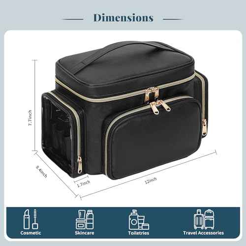 Large Makeup Bag, Portable Travel Makeup Bag Organizer for Women Girls with Makeup Brush Compartment & Two Side Pockets, Cosmetic Travel Bag Vertical Storage Toiletry Bag - Black