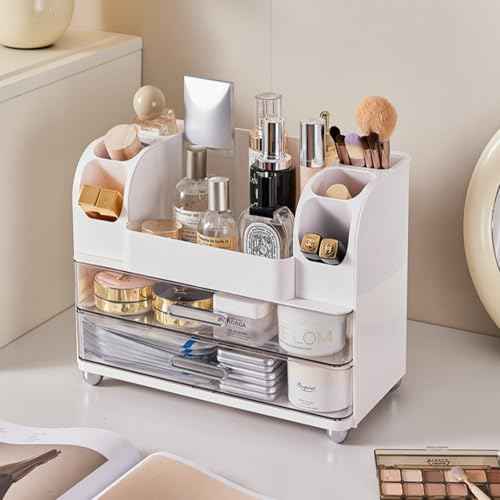 Makeup Organizer with Drawers for Vanity,Bathroom Countertop Organizer with Brushes Holder,Skincare Storage Organizer,Perfect Cosmetic Display Case for Skincare,Lipstick and Beauty Essential (White)