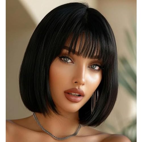 Straight Short Bob Natural Black HD Lace Front Wigs with Baby Hair 13X4 Glueless Human Hair Bangs Pre Plucked with Bleached Knots 180 Density for Black Woman 8 Inch