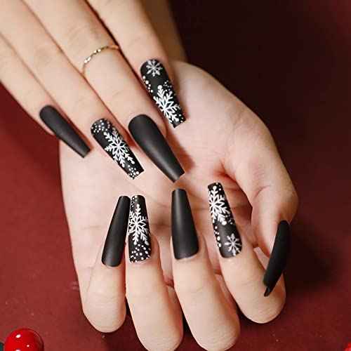 Florry Extra Long Coffin Fake Nails Christmas Snowflake Press on Nails Matte Acrylic Nails for Women and Girls 24Pcs (Snowflake)