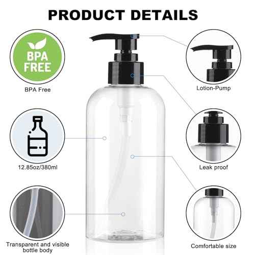 Empty Pump Bottles Dispenser 12.85oz/380ml, Refillable Clear BPA-Free Plastic Pump Bottle for Shampoo, Lotion, Soap and Massage Oil, 2 Pack