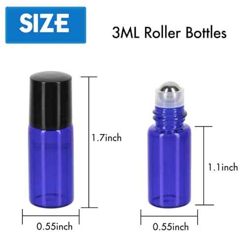 ZEJIA 3ml Roller Bottles 24Pack Cobalt Blue Thick Glass Essential Oil Bottles with Stainless Steel Roller Ball and 2 Droppers