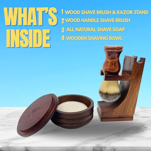 G.B.S GENTS Men's Wood Shaving Bowl & Shave Brush Set ? Premium Shaving Kit with Stand, Synthetic Shave Brush & Signature All Natural Soap ? Grooming Gift for Men,Wet Shaving Essentials