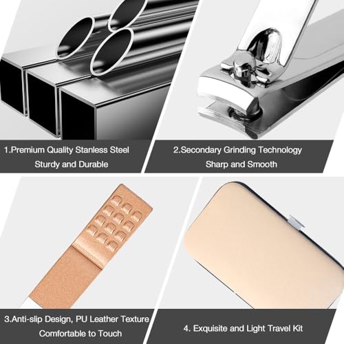 Christmas Gifts Birthday Gift Nail Clippers For Women Manicure Kit Nail Tweezers Professional Stainless Steel With Leather Travel Case Stocking Stuffers For Girlfriend Wife Mother Kit 7 In 1 Rose Gold