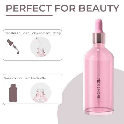 CycleMore 6 Pack Pink Glass Boston Bottles with Glass Scale Eye Droppers, Cosmetic Droppers for Beauty, Essential Oils, Makeup & More Liquids