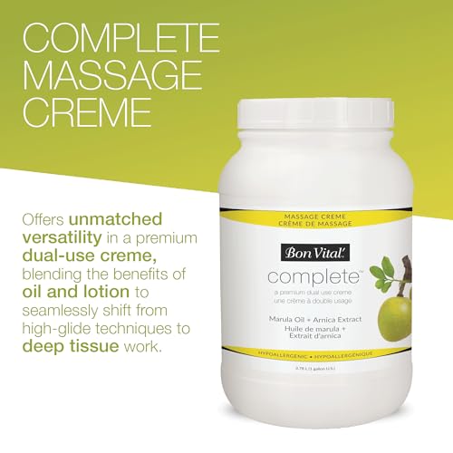 Bon Vital Complete Massage Creme, 1-Gallon, Unscented Non-Greasy Cream with Marula, Olive & Jojoba Oils, Hypoallergenic Moisturizer for Professional or Home Use, Premium Dual-Purpose, Massage Therapy