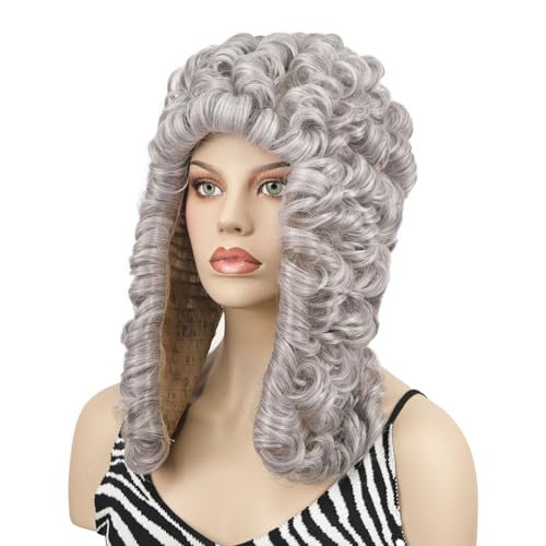 Aimole Curly Grey Judge Lawyer Wig Synthetic Long Wigs for Men Colonial Barristers Wig Halloween Cosplay Christmas Party Costume Hair (#53)