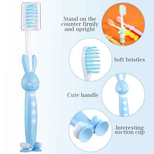 Patelai 12 Pcs Toddler Toothbrush for Age 2 up, Kids Toothbrush Set with Covers, Soft Children Manual Brushes Bulk with Suction Cup for Upright Storage, Rabbits and Bears Brushes for Travel