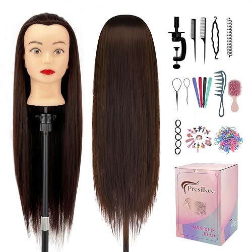 28" Cosmetology Mannequin Head With Hair£¬Doll Head For Hair Styling£¬Training Head For Braiding Cutting & Styling Practice £¬Includes Free Wig Stand & Hair Tools Set (Drak brown)