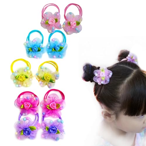 10pcs Upscale Hair Ties with Colored Pretty Flowers Beads Elastic Gauze Hair Bands Hair Accessories for Little Girls Kids Toddlers (5 Pairs)
